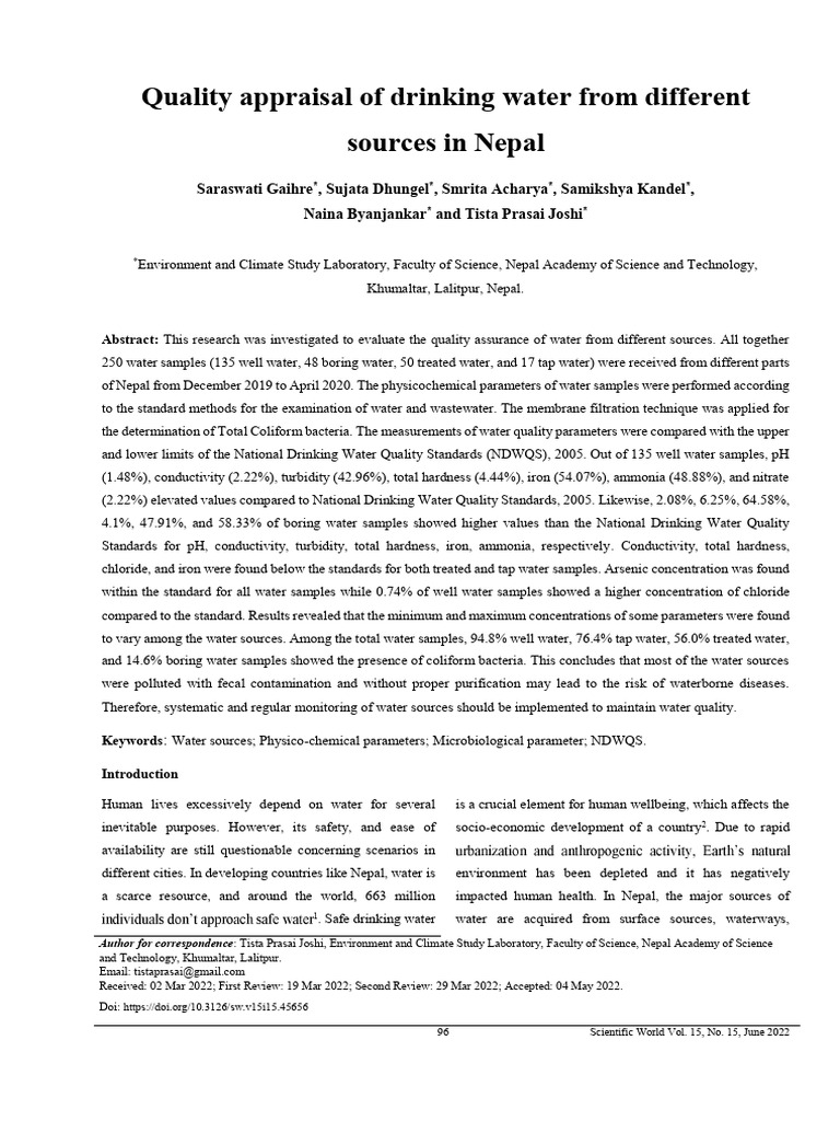 Quality Appraisal of Drinking Water From | PDF | Water | Water Quality