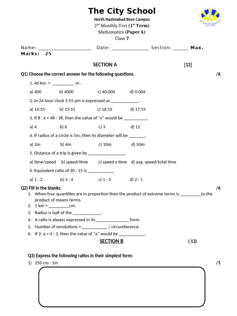 Class 7 Math Test Paper A | PDF | Ratio | Speed