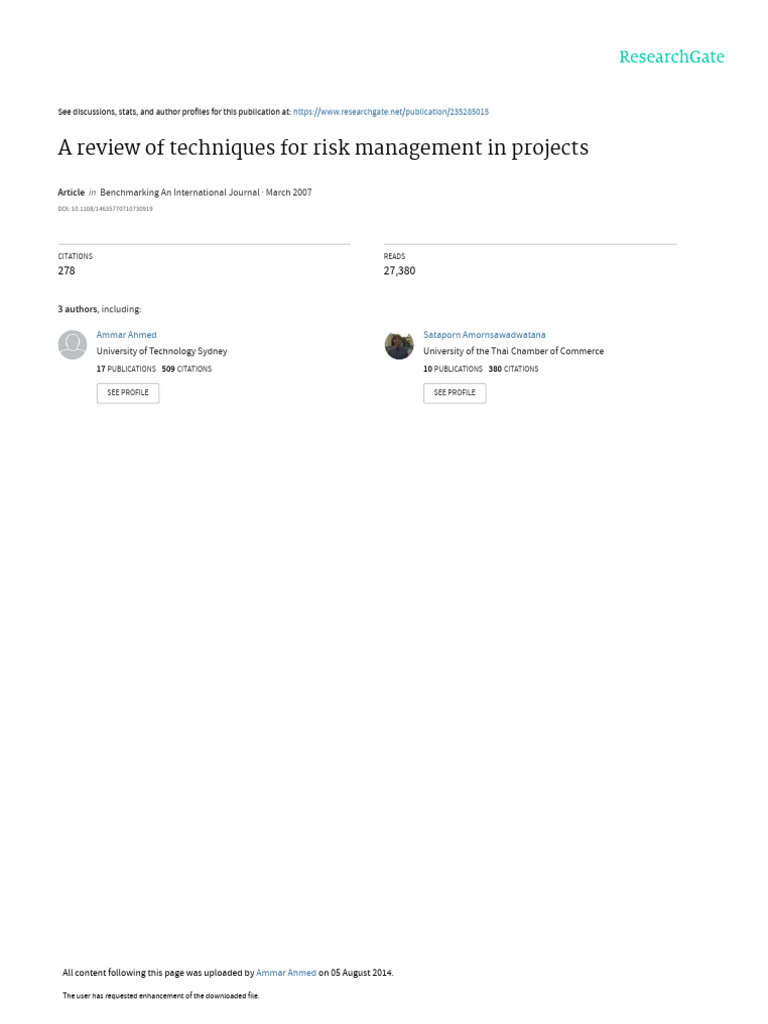 A Review of Techniques For Risk Management in Projects | PDF | Risk ...