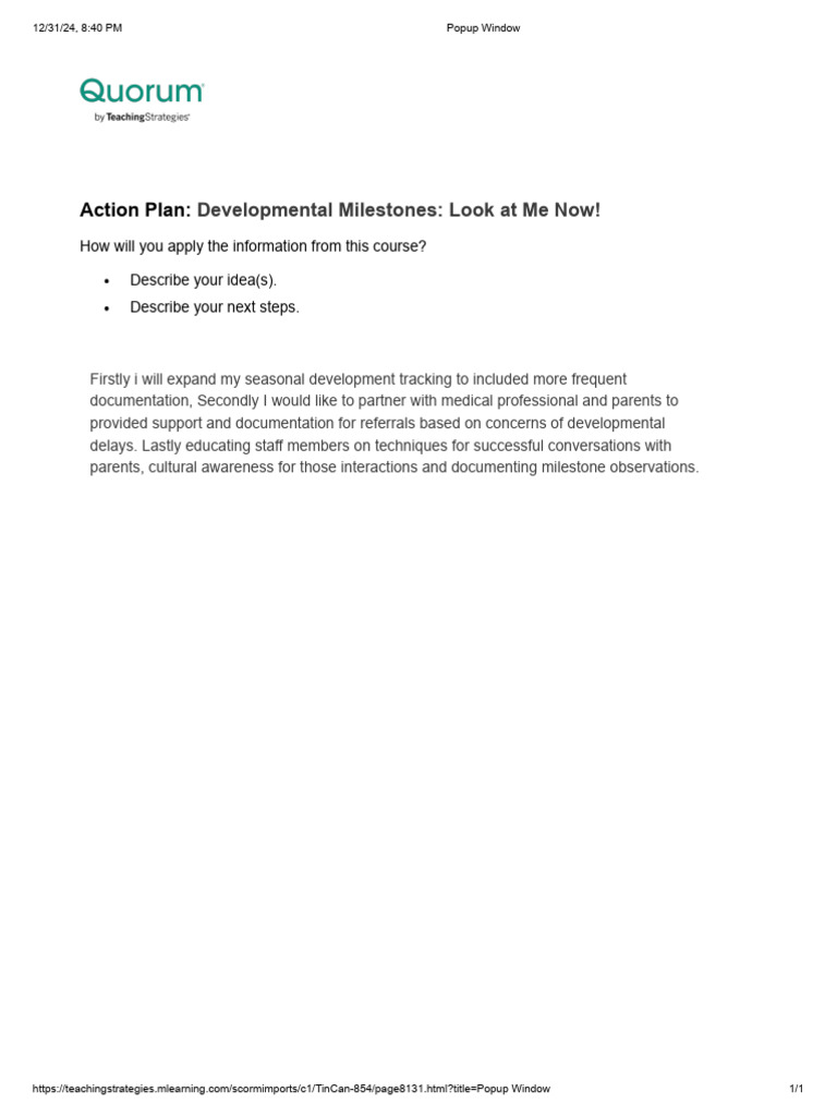 Action Plan - Developmental Milestones | PDF