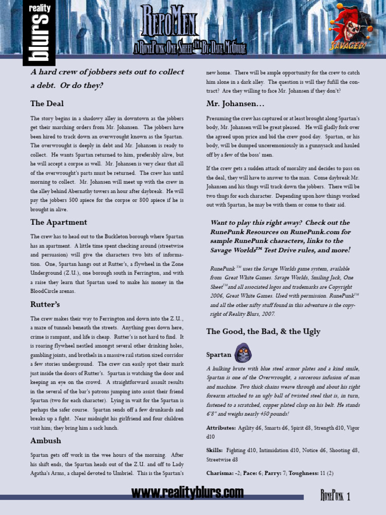 Savage Worlds - Runepunk - One Sheet - RepoMen | PDF