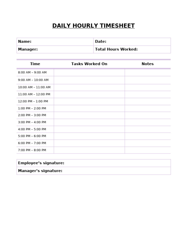 Daily Hourly Timesheet Template | PDF