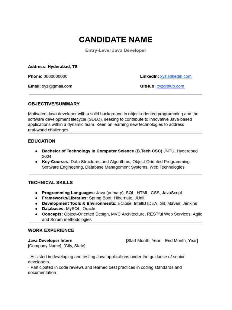 Entry-Level Java Developer Resume Guide | PDF | Java (Programming ...