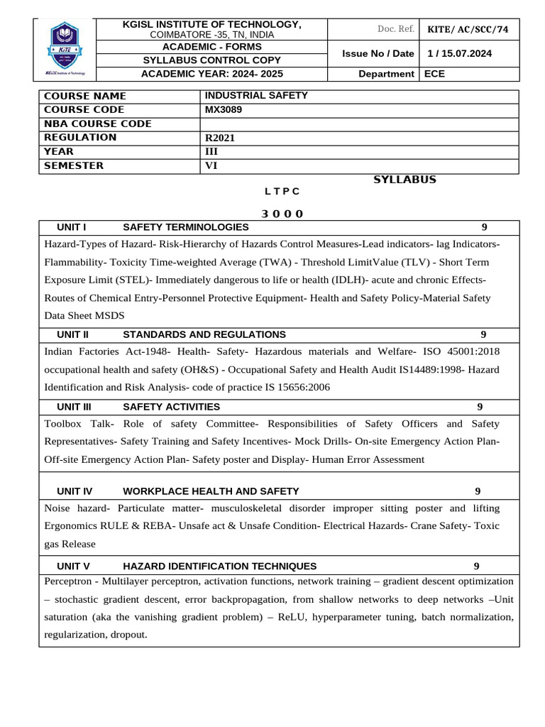 Industrial Safety Course Syllabus MX3089 | PDF | Occupational Safety ...