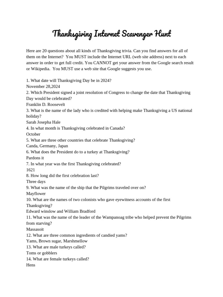 Thanksgiving Trivia Scavenger Hunt | PDF