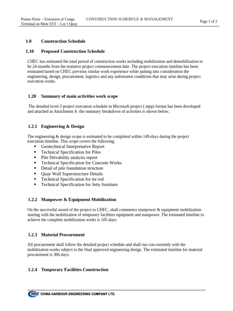 Pointe-Noire Terminal Construction Schedule | PDF | Engineering