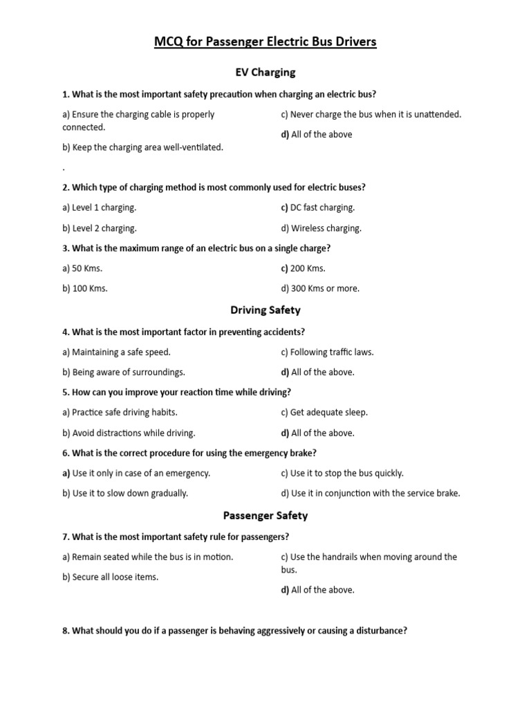 MCQ For Passenger Electric Bus Drivers | PDF | Traffic Collision | Driving