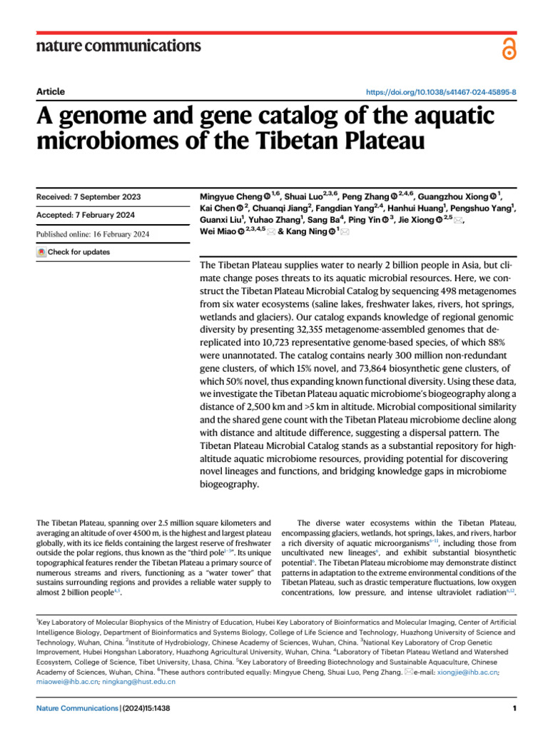 A Genome and Gene Catalog of The Aquatic Microbiomes of The Tibetan ...