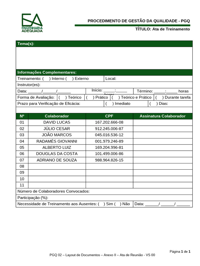 Ata de Treinamento PGQ | PDF