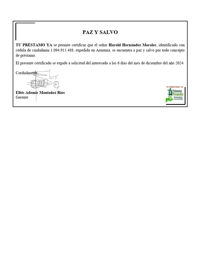 Certificado Paz y Salvo Préstamo 2024 | PDF