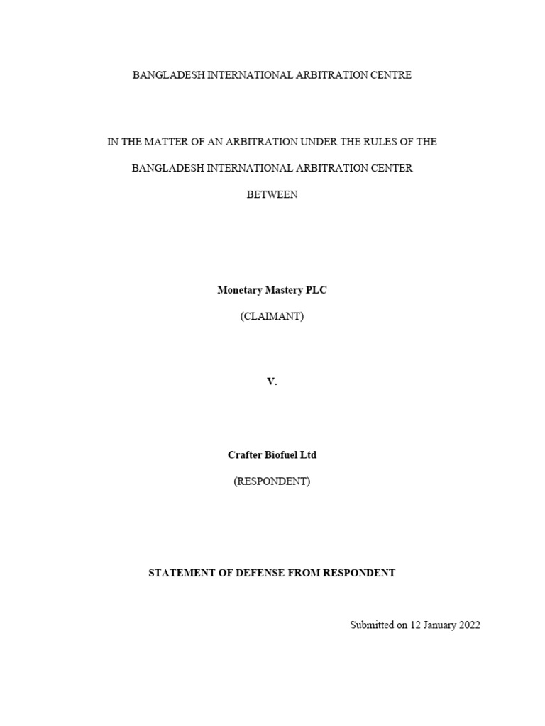 Statement of Defense From Respondent | PDF | Mediation | Arbitration