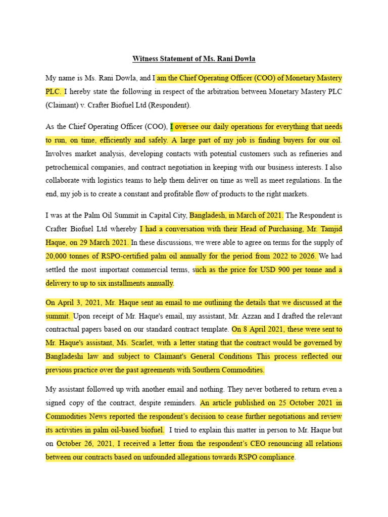 Rani Dowla Witness Statement on Arbitration | PDF | Breach Of Contract ...