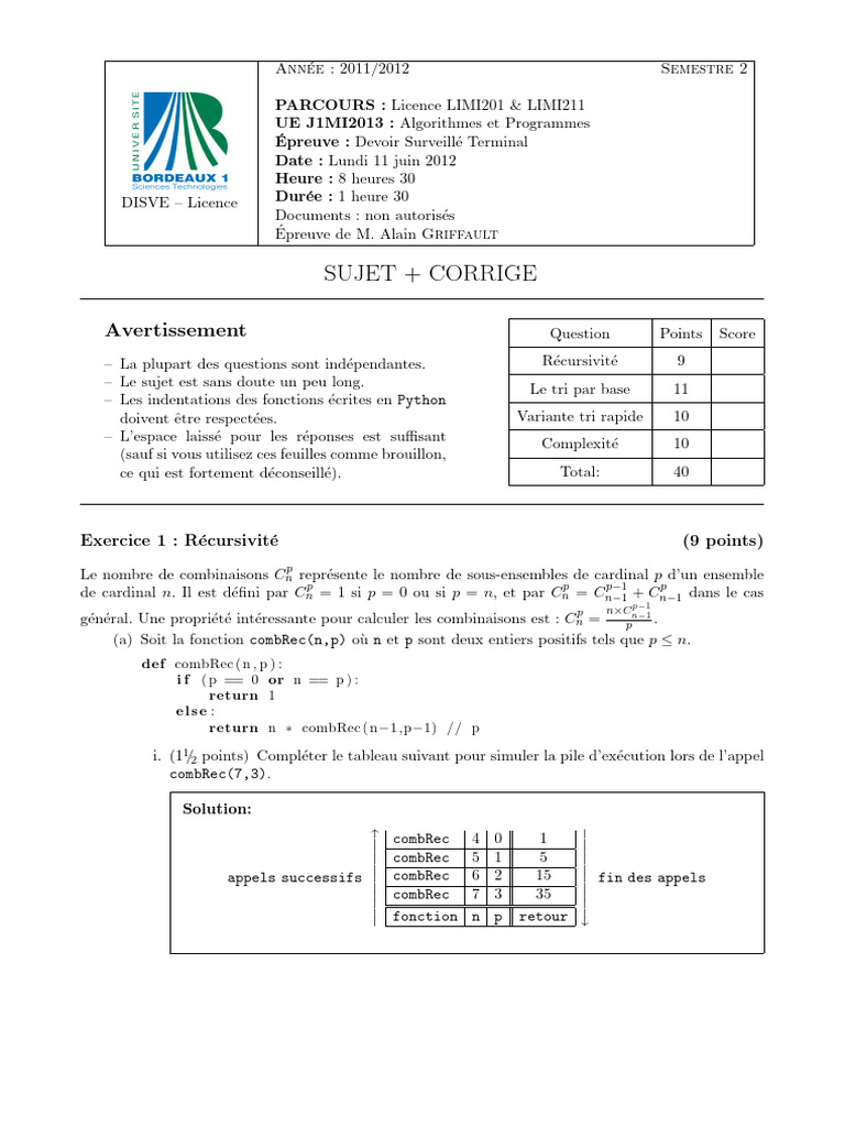 Devoir Surveillé : Algorithmes et Programmes | PDF | Algorithmes ...