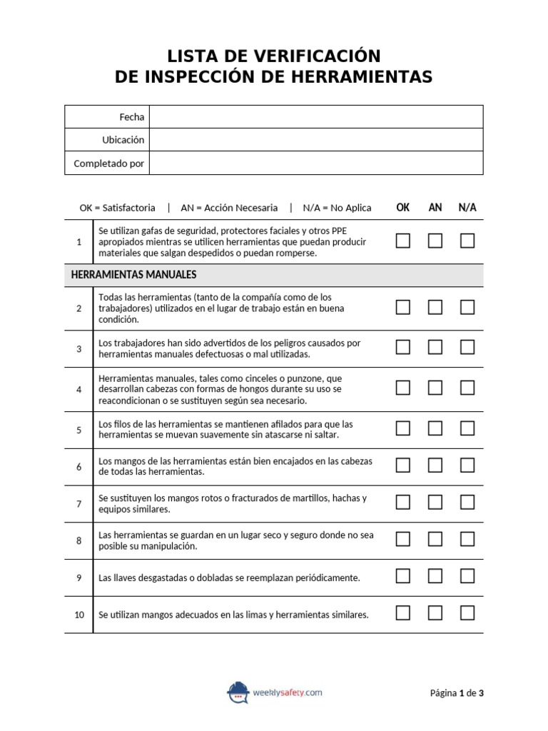 Tools Inspection Checklist Spanish | PDF | Herramientas