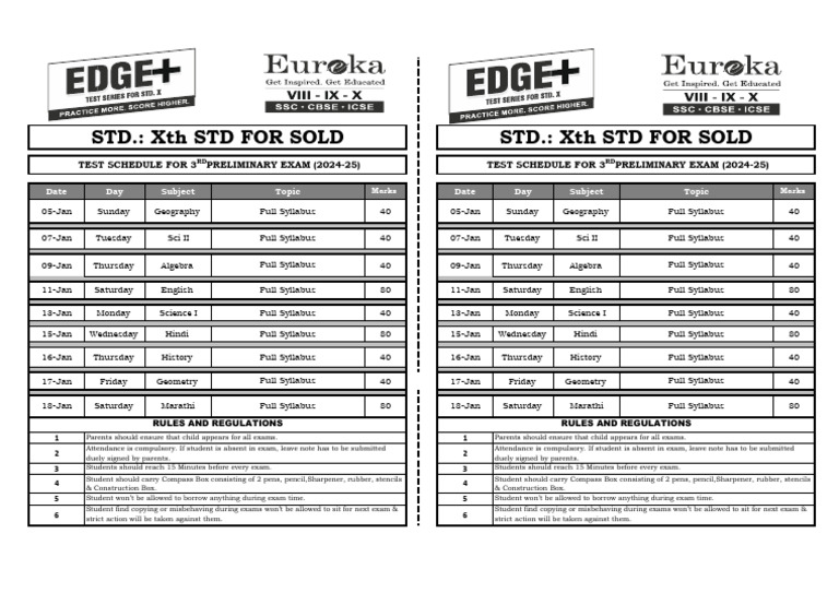 XTH Std. 03rd Preliminary Exam TT (2024-25) - For Sold | PDF