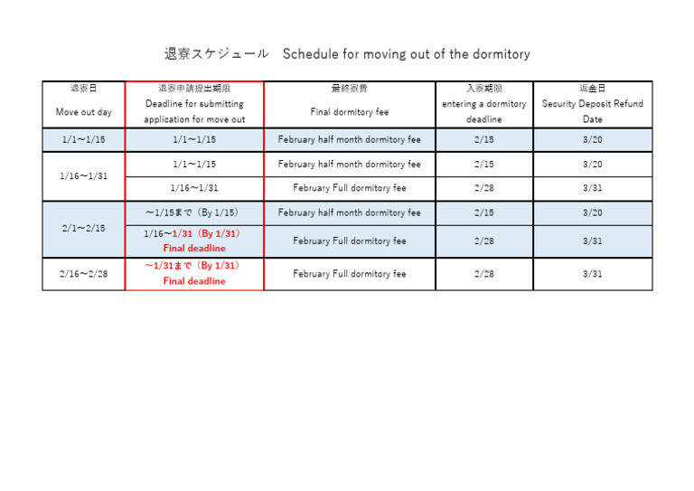 退寮スケジュール Schedule for moving out of the dormitory | PDF