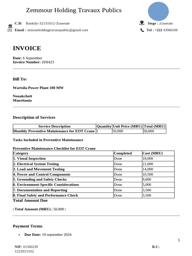 Invoice for EOT Crane Maintenance Services | PDF