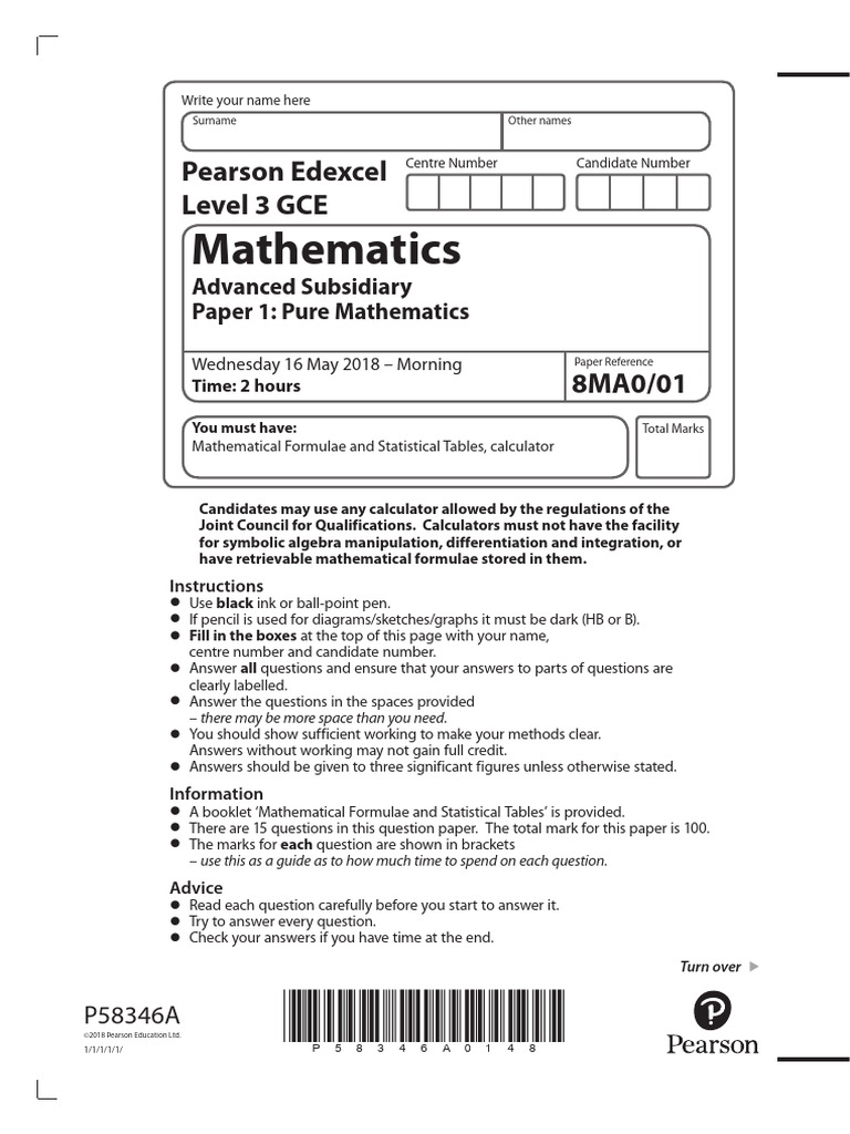 AS Mathematics Paper 1 Instructions | PDF | Mathematics | Applied ...