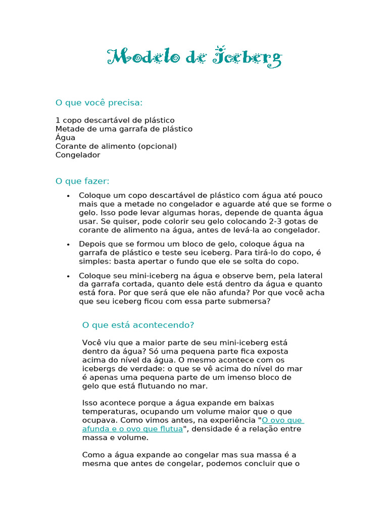 Experimento: Mini Iceberg e Densidade | PDF | Densidade | Gelo