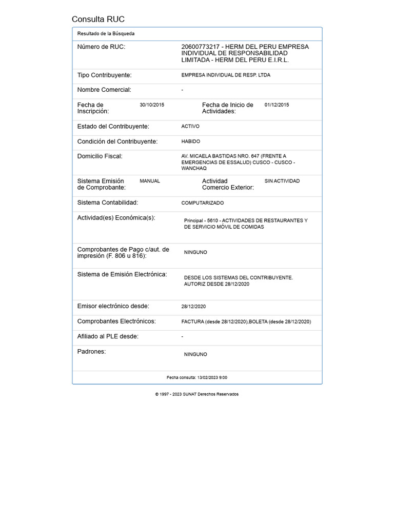 Consulta RUC: HERM DEL PERU E.I.R.L. Activo | PDF