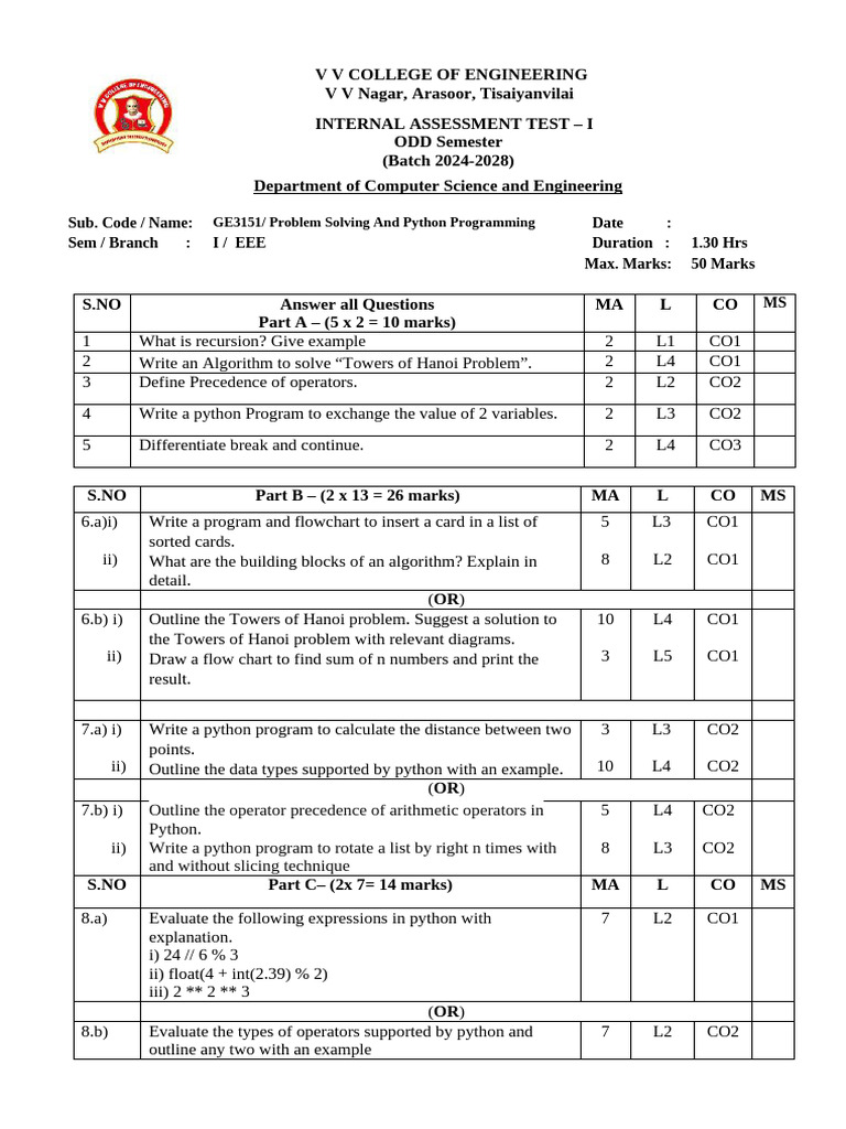 Internal Assessment: Python Programming Test | PDF | Software ...