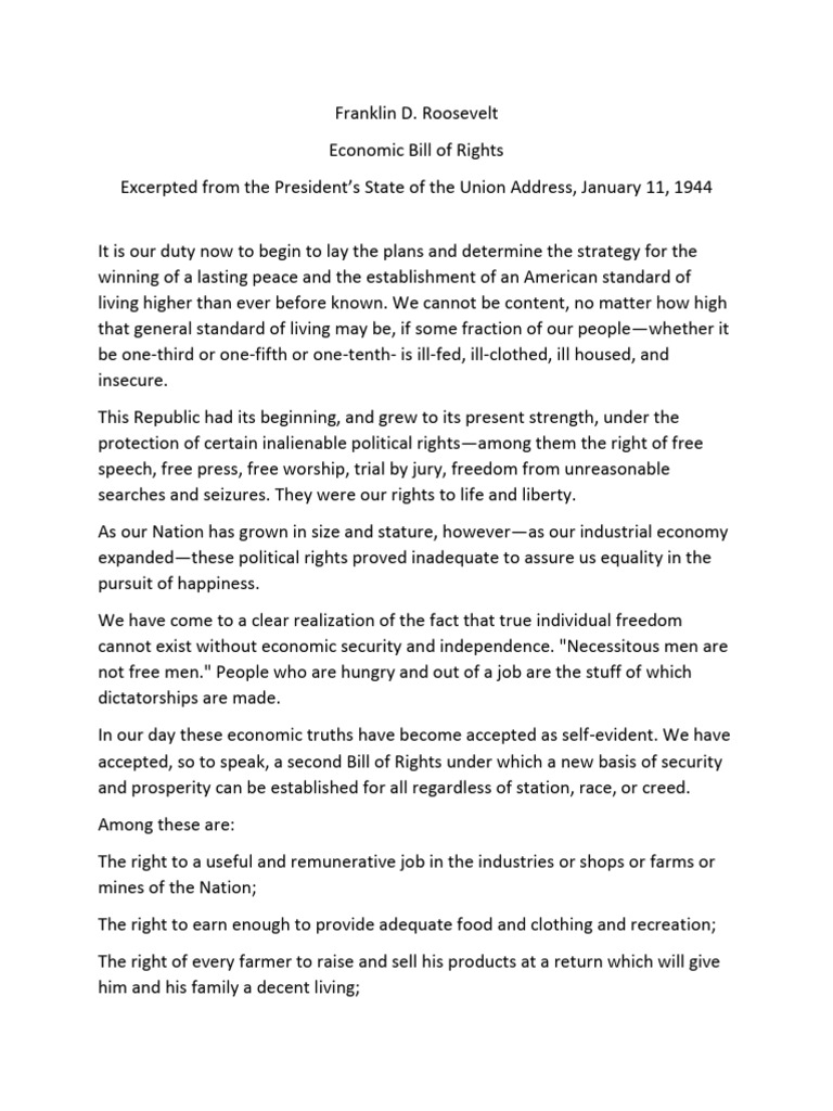 FDR's 1944 Economic Bill of Rights | PDF | United States Bill Of Rights ...