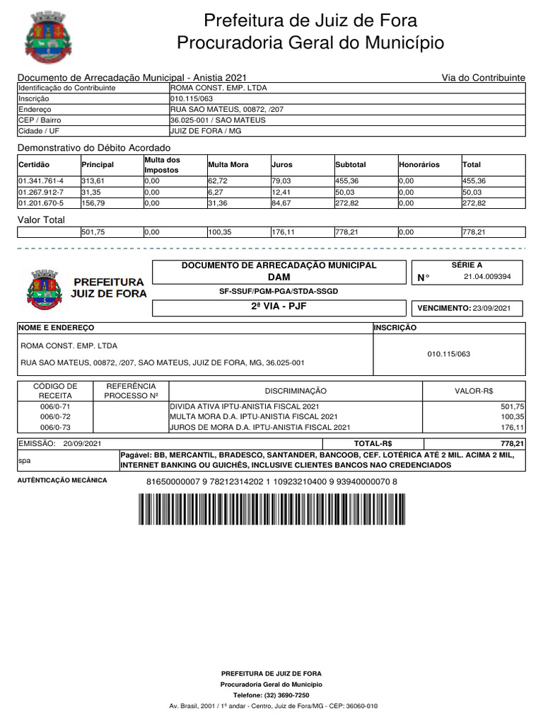 Documento de Arrecadação Municipal 2021 | PDF