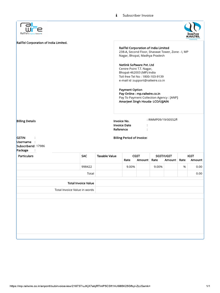 RailTel Subscriber Invoice Receipt | PDF | Receipt | Government Finances