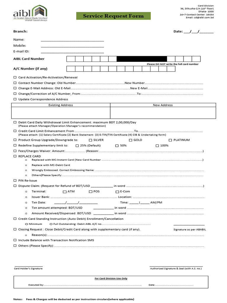 AIBL Card Service Request Form | PDF | Debit Card | Credit Card