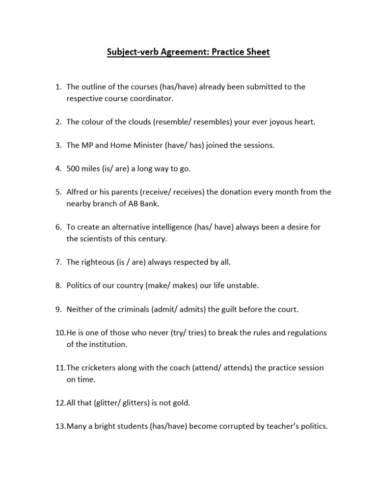 Subject-Verb Agreement Practice Sheet | PDF