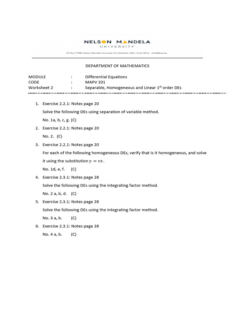 Differential Equations Worksheet 2 | PDF