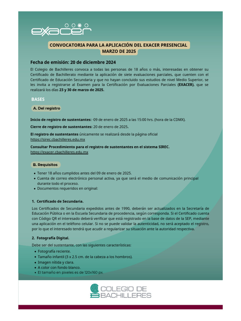 Convocatoria EXACER 2025: Registro y Fechas | PDF | México