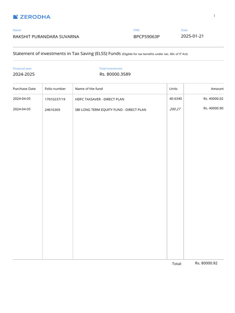Tax-Saving ELSS Investment Statement | PDF