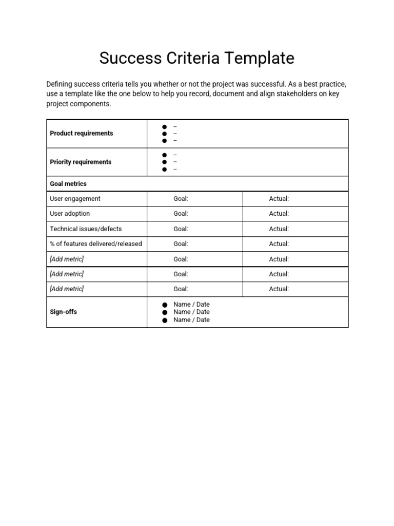 Project Success Criteria Template | PDF