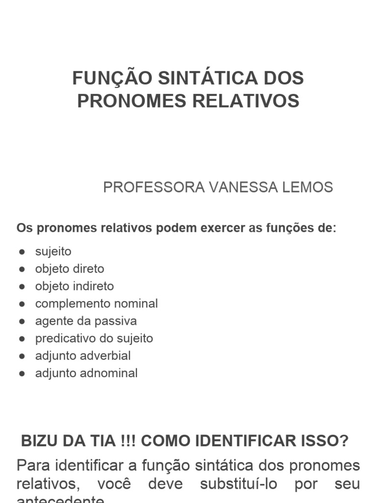 FUNÇÃO SINTÁTICA DOS PRONOMES RELATIVOS | PDF