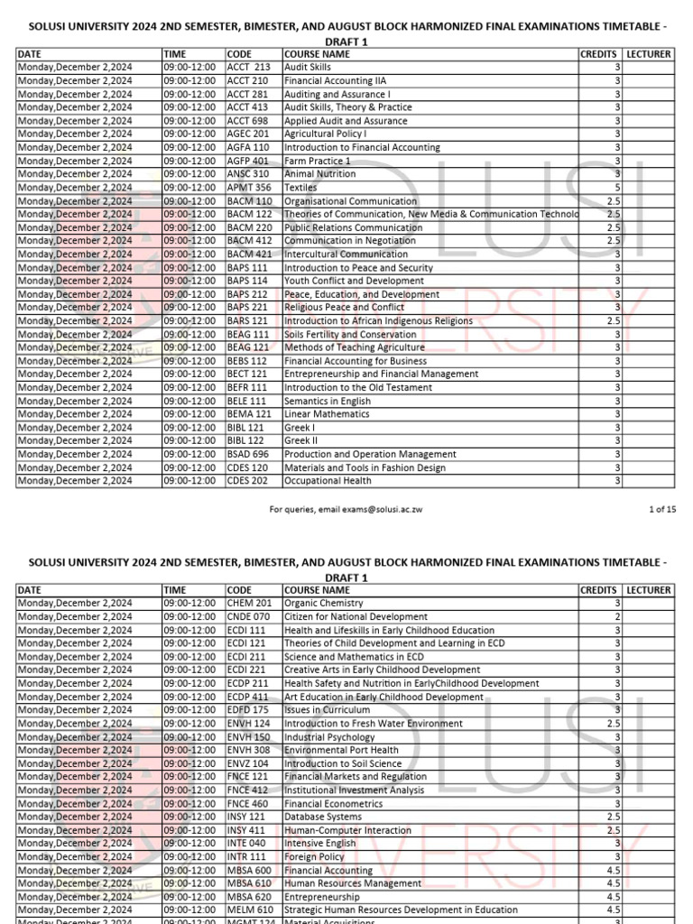 Solusi University 2024 Exam Timetable | PDF | Bible