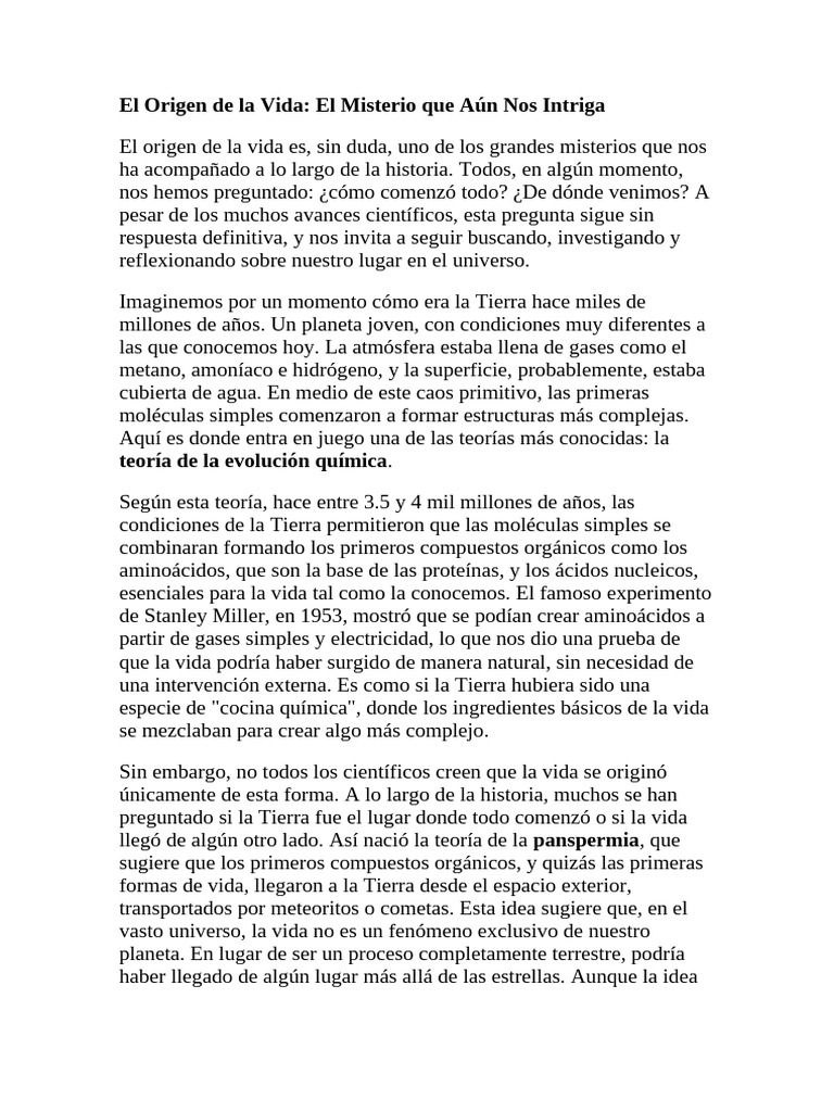 El Origen de La Vida | PDF | Vida | Abiogénesis