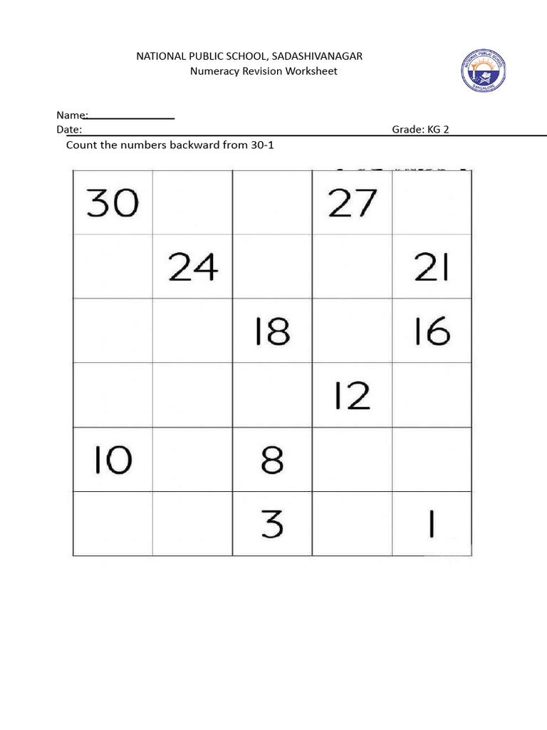 KG 2 Numeracy Revision Worksheet | PDF