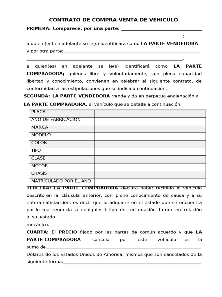 Contrato de Compra Venta de Vehículo | PDF