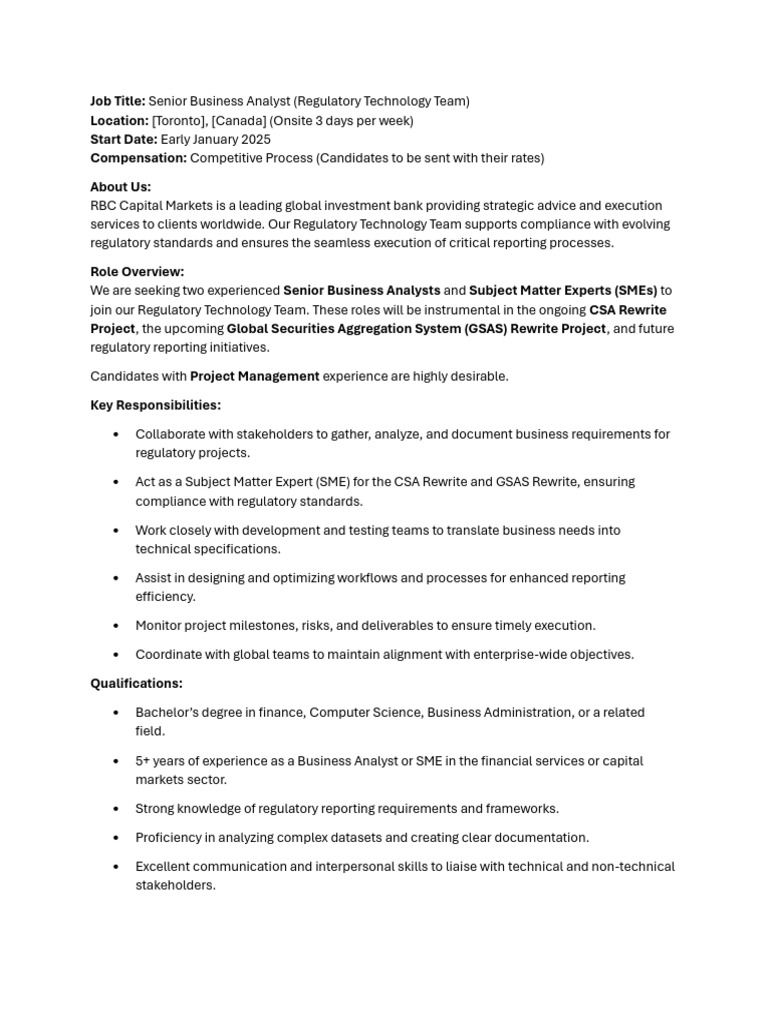 Senior Business Analyst Role - Regulatory Tech | PDF
