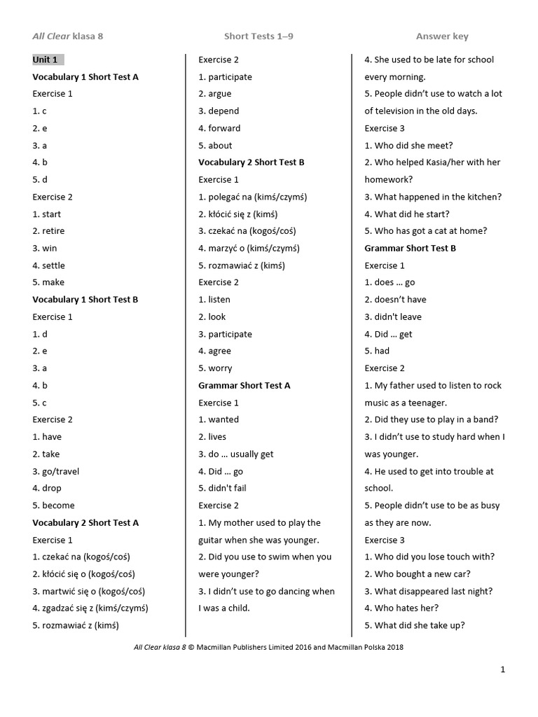 All Clear Klasa 8 Short Tests Answers | PDF