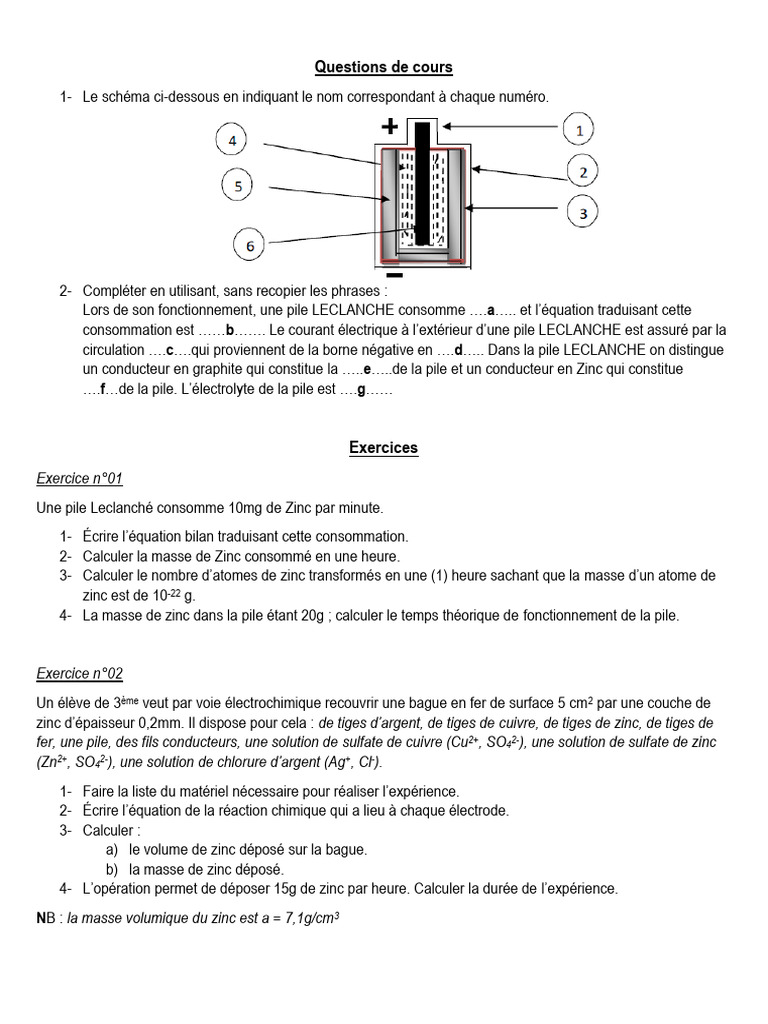 Fonctionnement et équations de la pile Leclanché | PDF