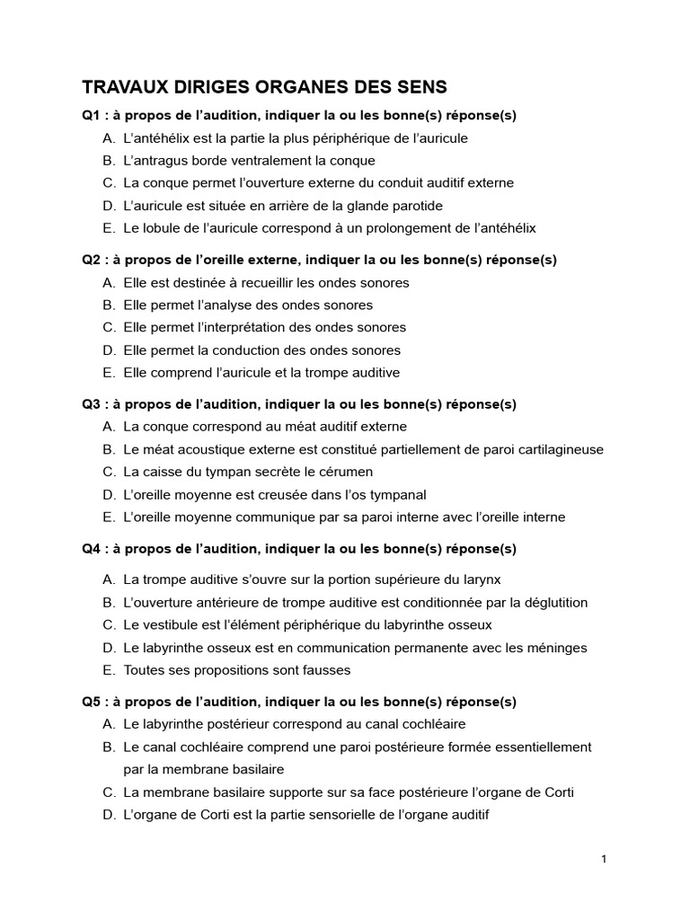 QCM sur les organes des sens | PDF | Oreille | Œil humain