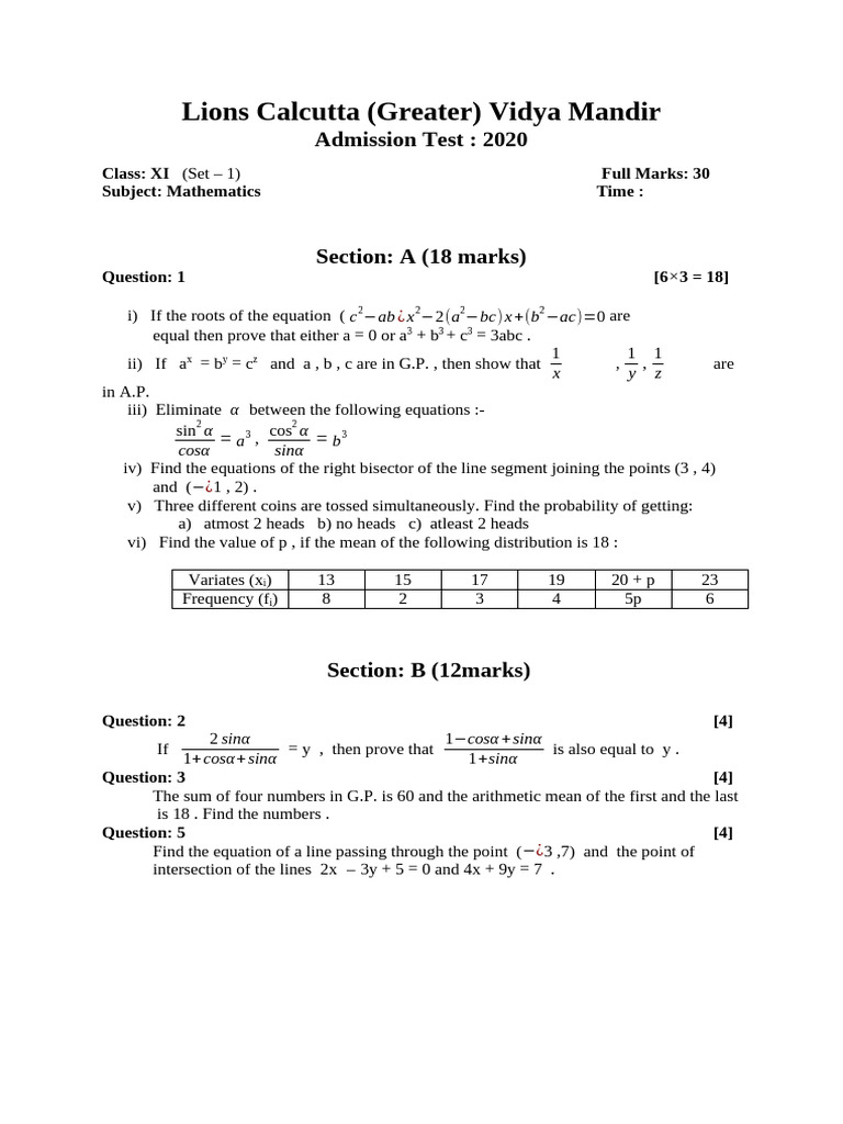 Admission 2020 Xi, MATHEMATICS - Set 1 | PDF