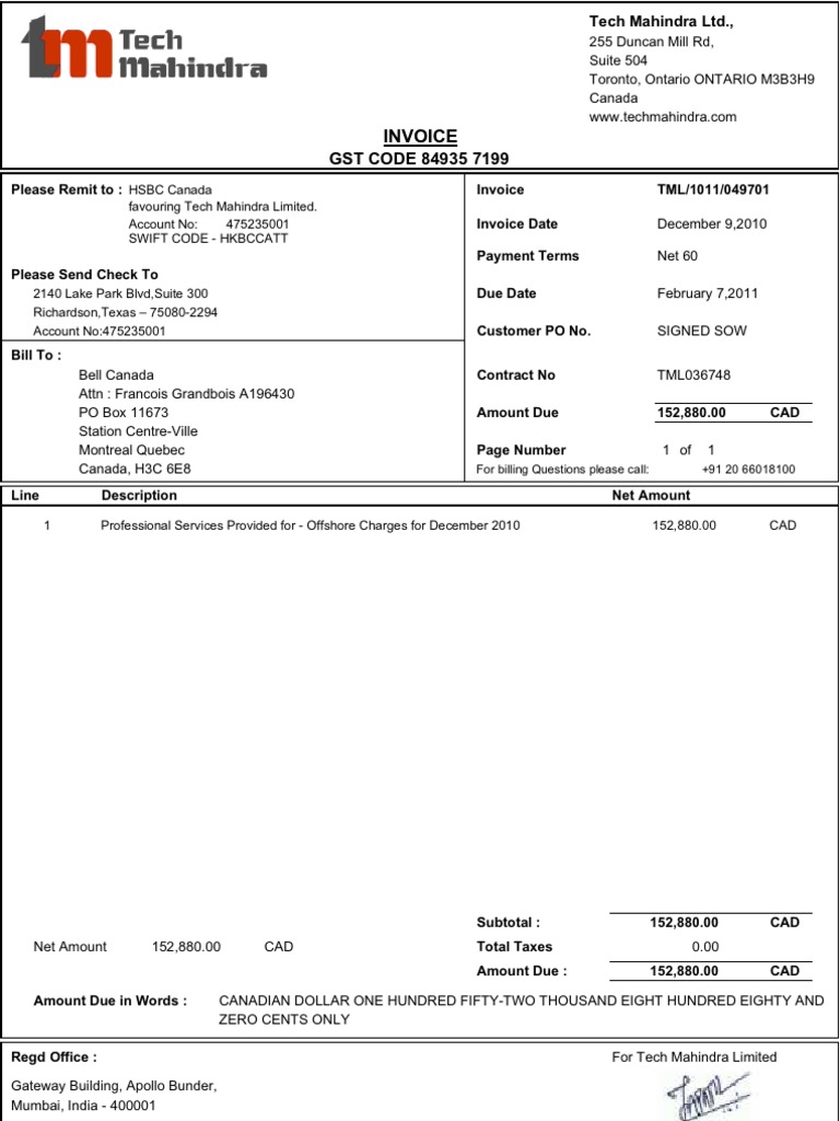 Invoice Format Bell Canada PDF