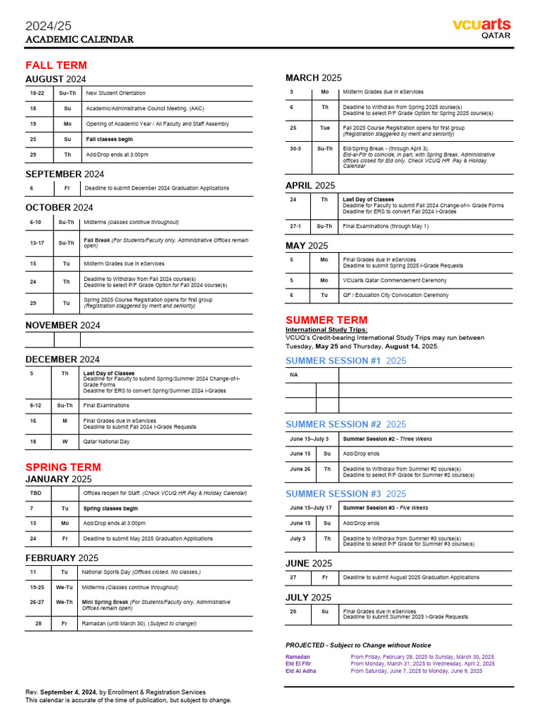 2024 25 Academic Calendar 20240904 FINAL | PDF | Academic Term ...