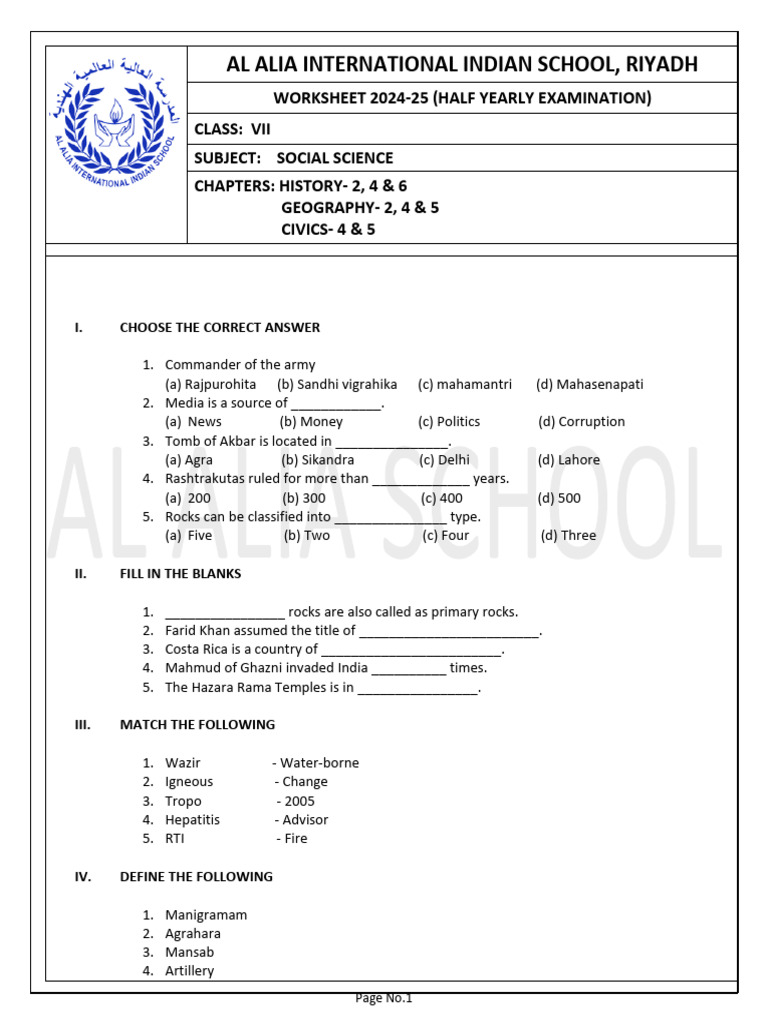 7 SS Worksheet Half Yearly | PDF | South Asia