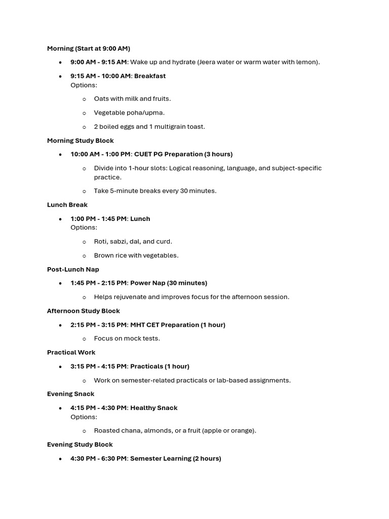 Daily Study Schedule for CUET PG & MHT CET | PDF