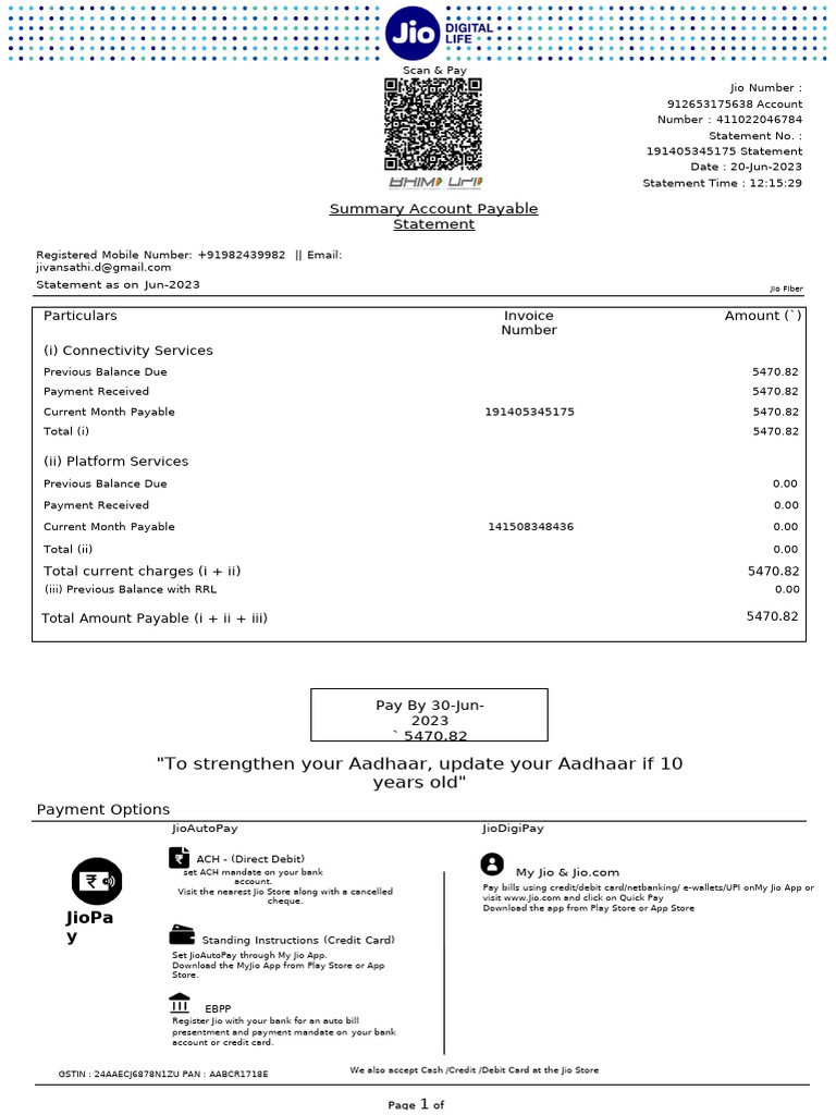 Jio Fiber Bill Summary - June 2023 | PDF | Credit Card | Payments