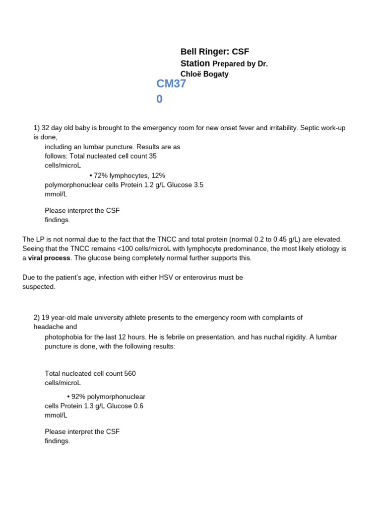 BR - CSF Station - Tutor Notes | PDF | Cerebrospinal Fluid | Diseases ...